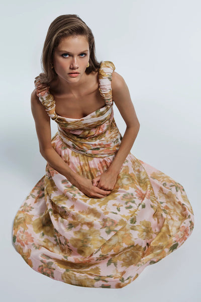 PEACH DREAM RUCHED STRAP GOWN