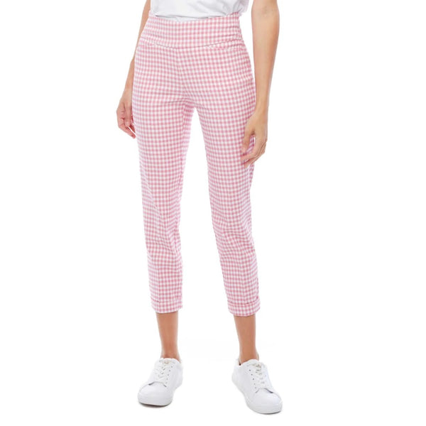 67734UP - GINGHAM CUFFED CROPPED PANT - BLUSH/WHITE