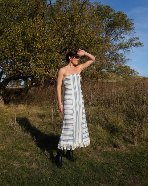 MAGGIE HARPER DRESS IN CERULEAN ANTIQUE STRIPE