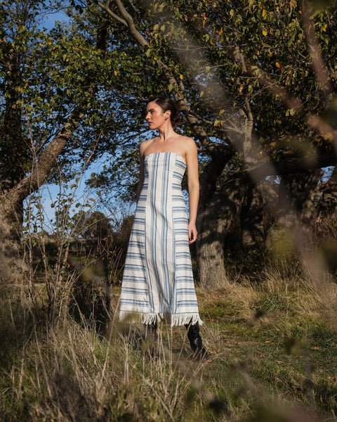 MAGGIE HARPER DRESS IN CERULEAN ANTIQUE STRIPE