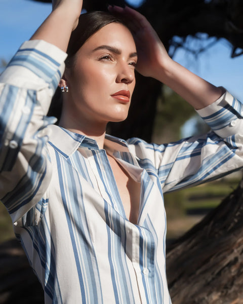 FINN SHIRT DRESS IN CERULEAN ANTIQUE STRIPE