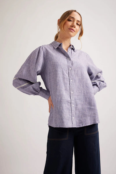 STELLA LINEN SHIRT IN NAVY HOUNDSTOOTH