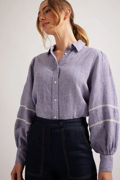 STELLA LINEN SHIRT IN NAVY HOUNDSTOOTH
