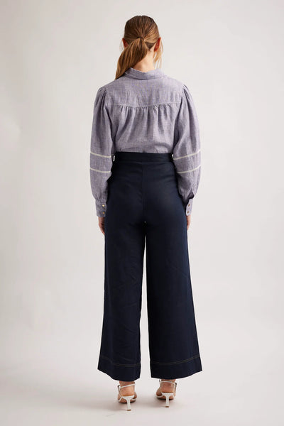 STELLA LINEN SHIRT IN NAVY HOUNDSTOOTH