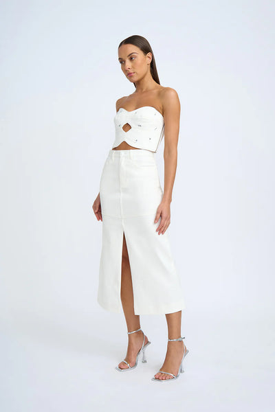 DENIM PANEL MIDI SKIRT - IVORY
