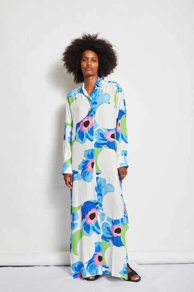 MARGO COLLARED SHIRT SHIRT DRESS- FLOWER PRINT SILK SATIN