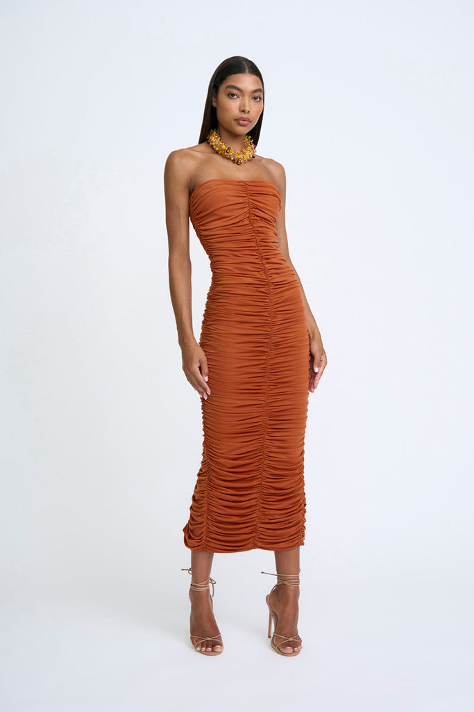 GLORIA GATHERED STRAPLESS MIDI DRESS - DEEP CLAY
