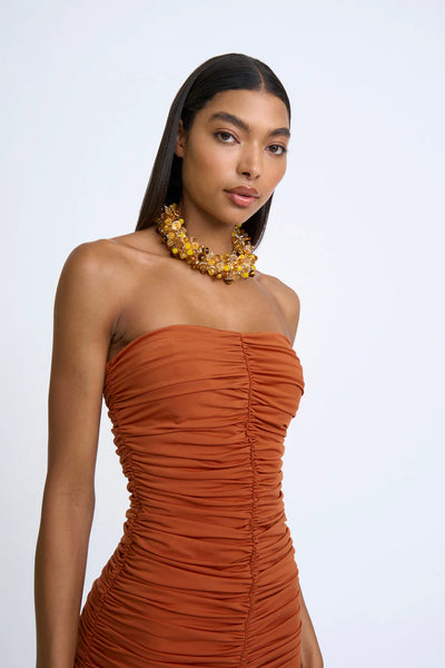 GLORIA GATHERED STRAPLESS MIDI DRESS - DEEP CLAY