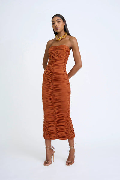 GLORIA GATHERED STRAPLESS MIDI DRESS - DEEP CLAY