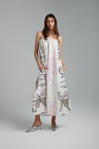 STRAPLESS DRESS- GRAFFITI BUTTERFLY