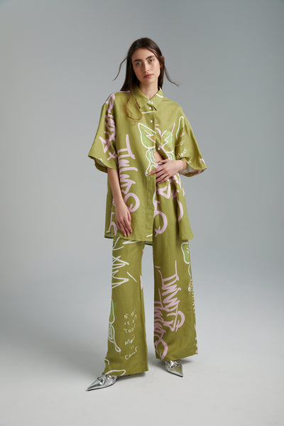 LINEN PANTS GRAFITTI BUTTERFLY KHAKI