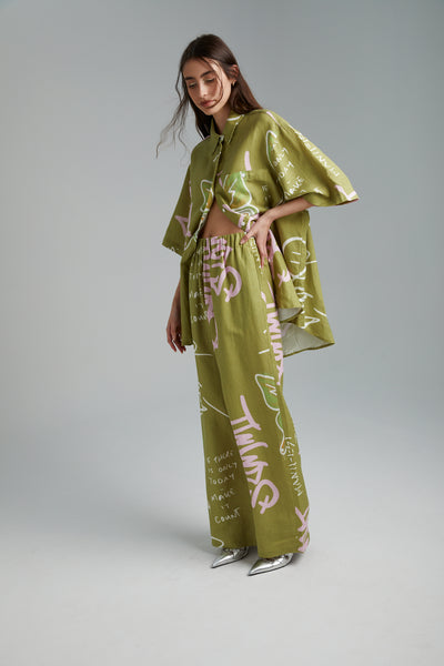 LINEN PANTS GRAFITTI BUTTERFLY KHAKI