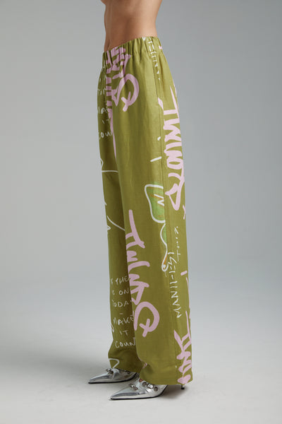 LINEN PANTS GRAFITTI BUTTERFLY KHAKI
