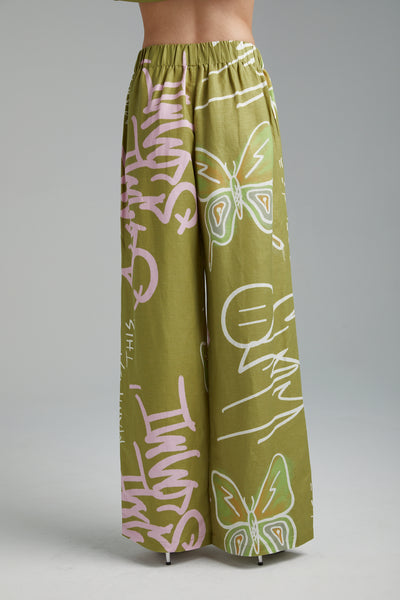 LINEN PANTS GRAFITTI BUTTERFLY KHAKI