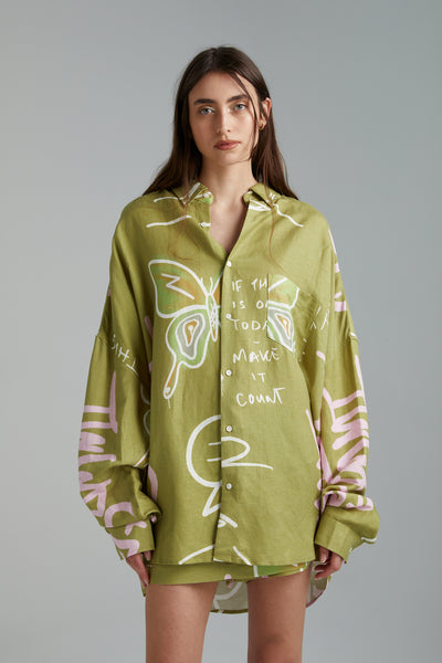 OVERSIZED LS SHIRT GRAFITTI BUTTERFLY KHAKI