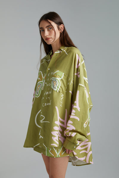 OVERSIZED LS SHIRT GRAFITTI BUTTERFLY KHAKI