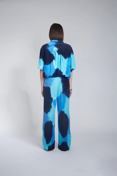 QUINN DRAWSTRING PANT HAND PAINTED SILK SATIN (BLUE)