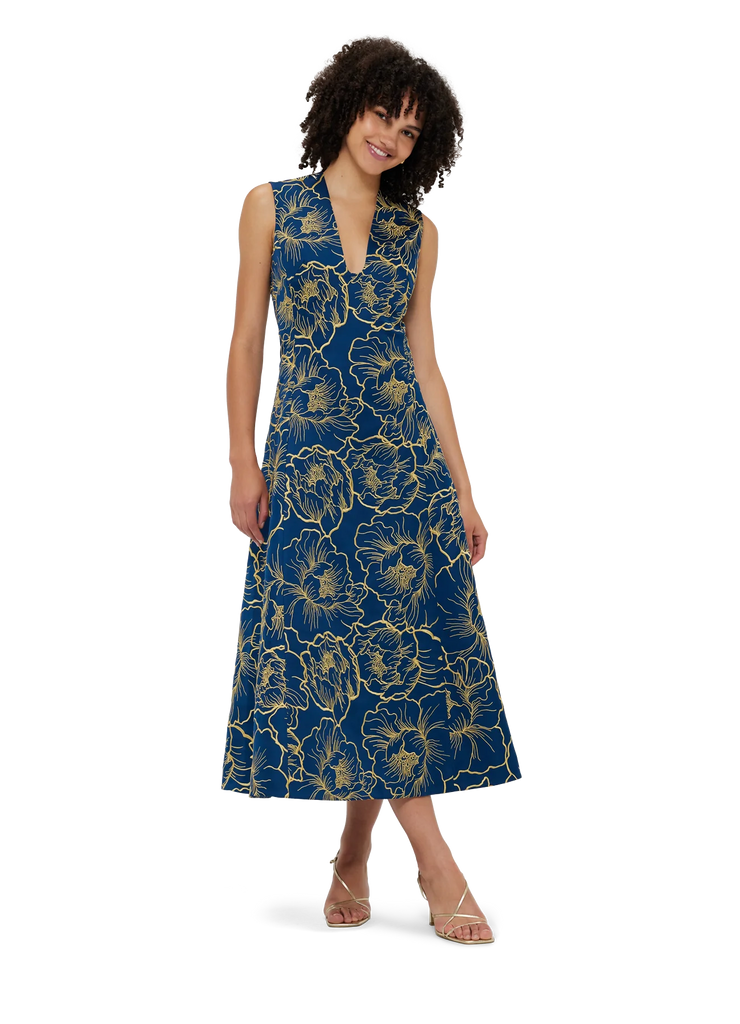 Nicola V Neck Midi Dress - Marine Blue