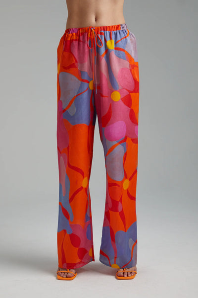 SILK ELASTIC WAIST DRAWSTRING PANT - MELTED BLOOMS