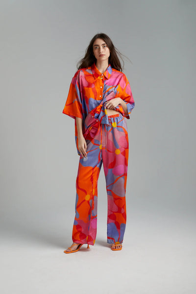 SILK ELASTIC WAIST DRAWSTRING PANT - MELTED BLOOMS