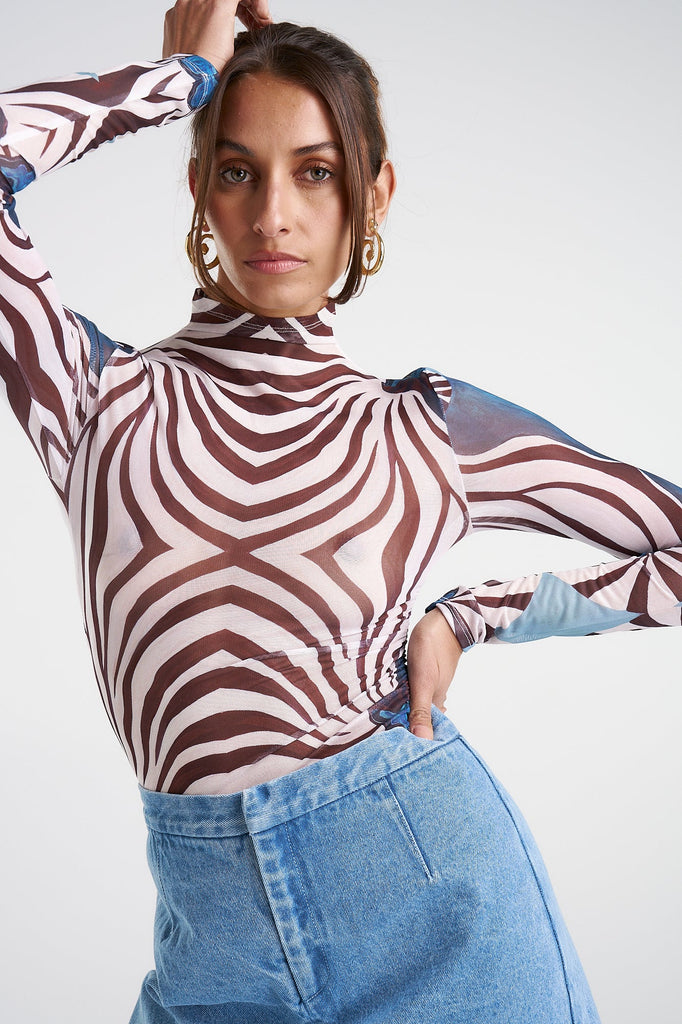 LS RUCHED HIGH NECK TOP - NAUTILUS
