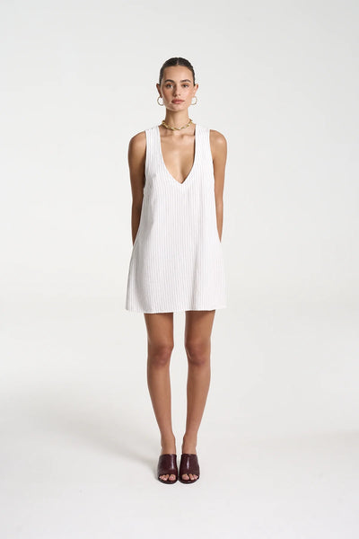 V - NECK SHIFT DRESS - PINSTRIPE