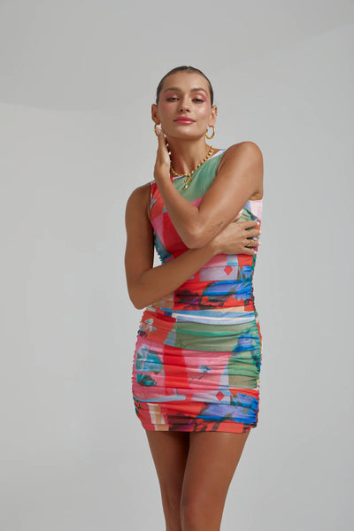 MESH RUCHED MINI DRESS - ROYAL MONTAGE