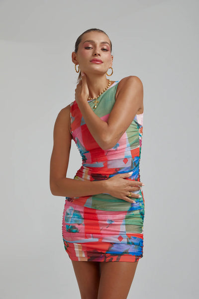 MESH RUCHED MINI DRESS - ROYAL MONTAGE