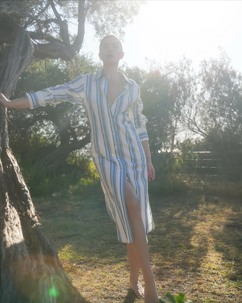 FINN SHIRT DRESS IN CERULEAN ANTIQUE STRIPE