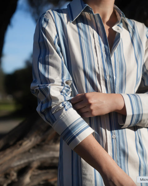 FINN SHIRT DRESS IN CERULEAN ANTIQUE STRIPE