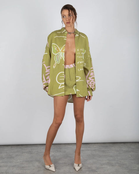 OVERSIZED LS SHIRT GRAFITTI BUTTERFLY KHAKI