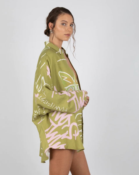 OVERSIZED LS SHIRT GRAFITTI BUTTERFLY KHAKI