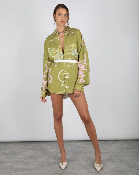 OVERSIZED LS SHIRT GRAFITTI BUTTERFLY KHAKI