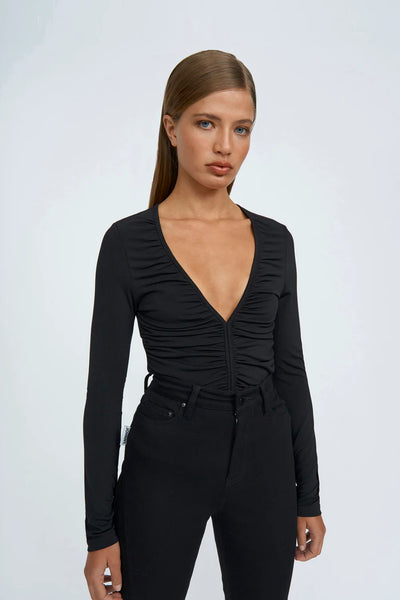 V FRONT GATHER TOP - BLACK