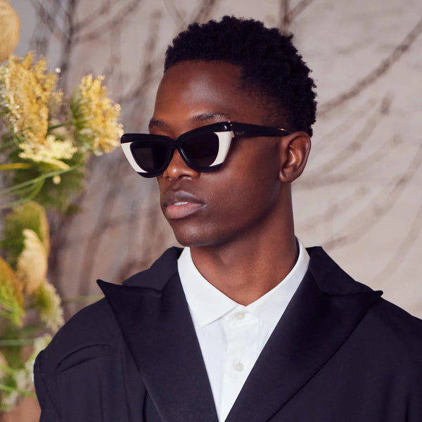 Lafayette- Gloss Black Light Tan Splice w. Rose Gold Metal / Black Lens