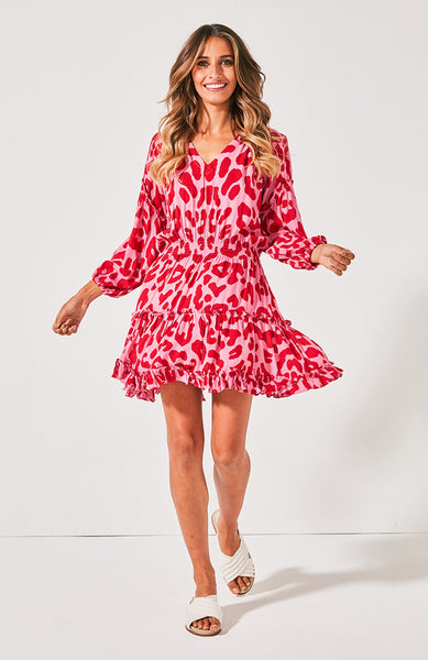 Kahlo Shirt Dress- Red/Pink Leopard