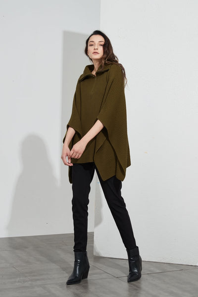 Zip Collar Poncho- Moss