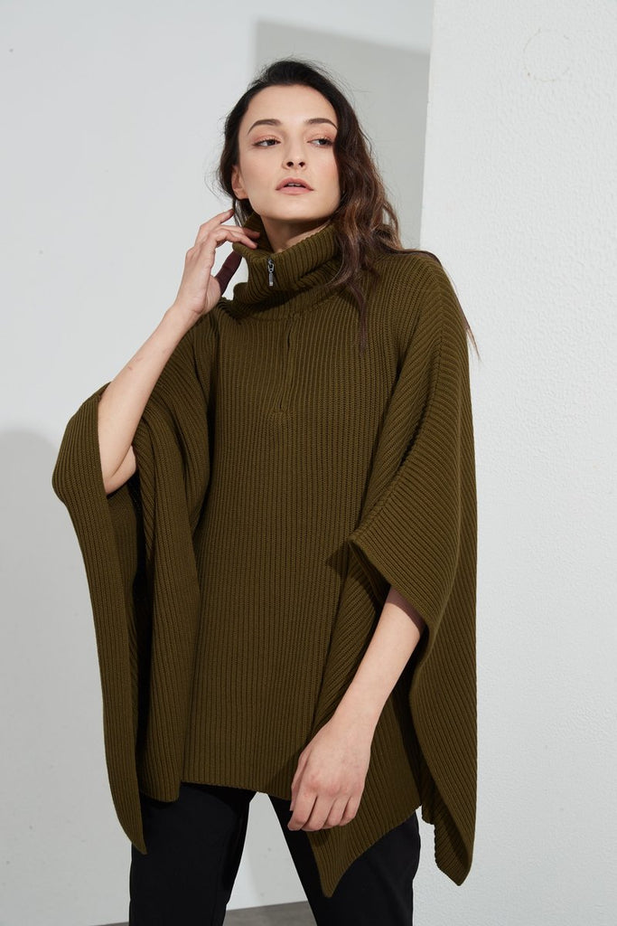 Zip Collar Poncho- Moss