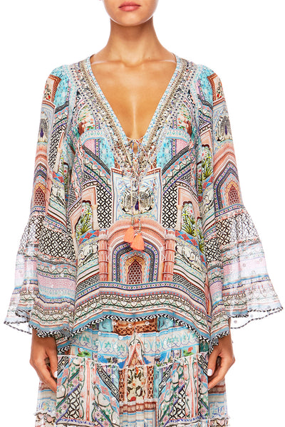 V-Neck Lace Up Shirt- Lady Lake