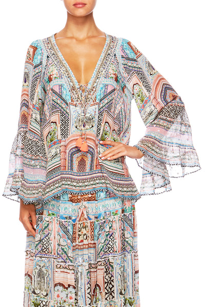 V-Neck Lace Up Shirt- Lady Lake