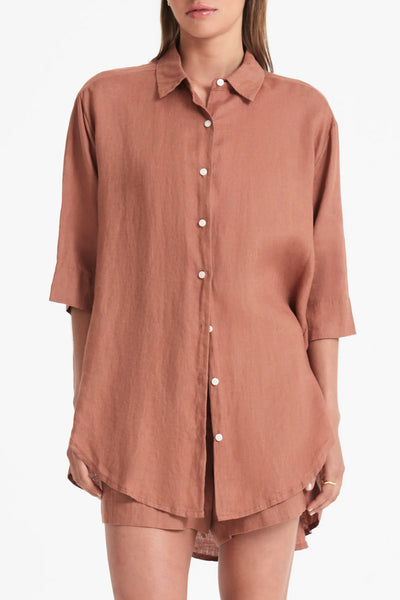 Lounge Longline Linen Shirt- Terracotta