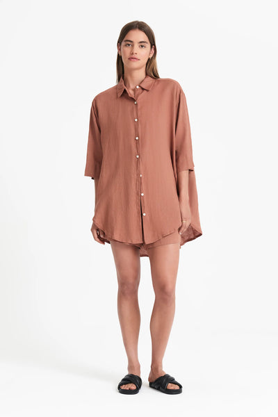 Lounge Longline Linen Shirt- Terracotta