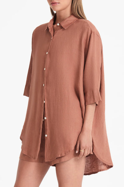 Lounge Longline Linen Shirt- Terracotta