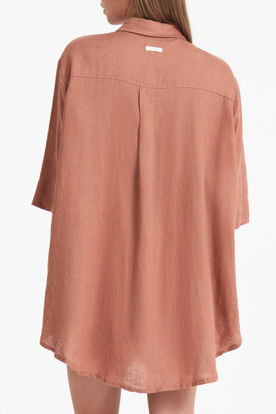 Lounge Longline Linen Shirt- Terracotta