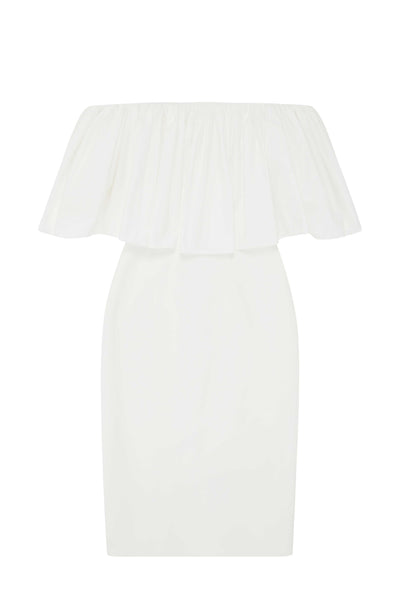Cotton Gathered Off Shoulder Dress- White