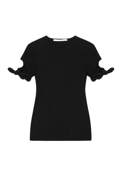 Ribbed Bow Sleeve Tee- Black