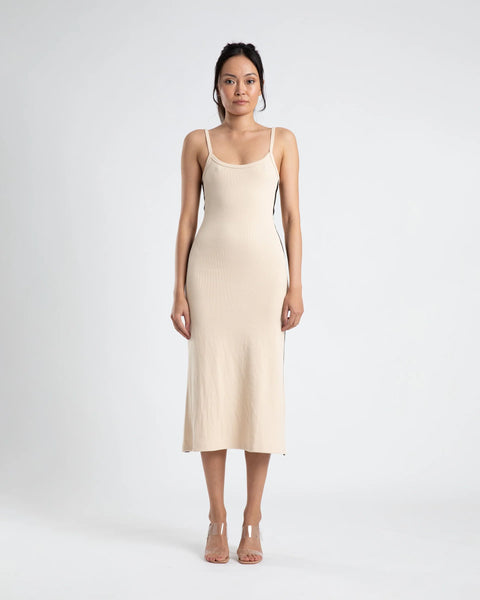 MIDI A LINE DRESS - CREAM/BLACK STRIPE
