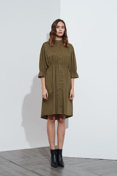 Shirring Detail Dress- Khaki