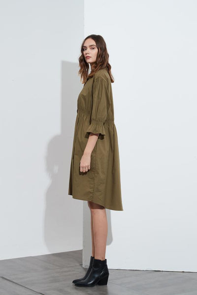 Shirring Detail Dress- Khaki