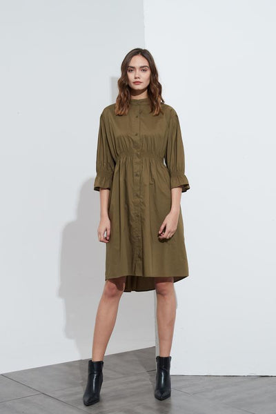 Shirring Detail Dress- Khaki